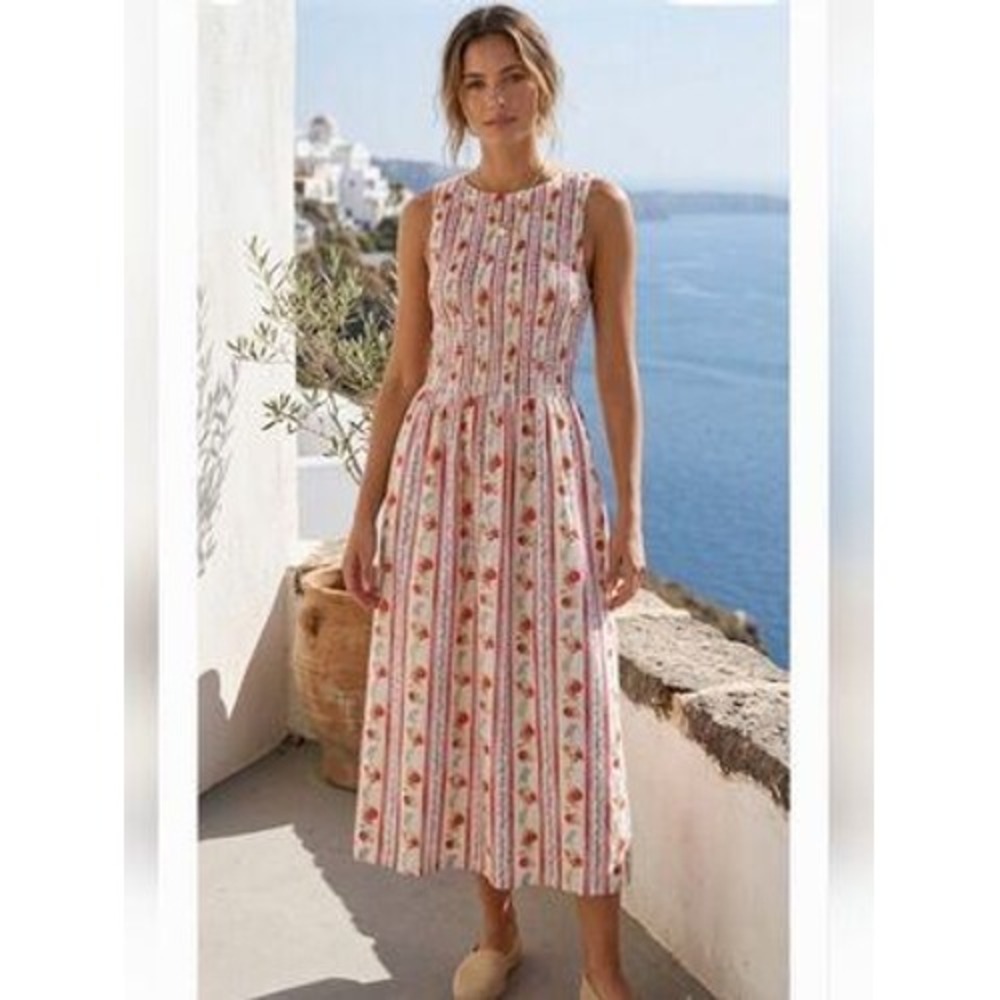New Caroline Constas Dress Small Smocked Pomegranite Floral Midi Red Blue NWT